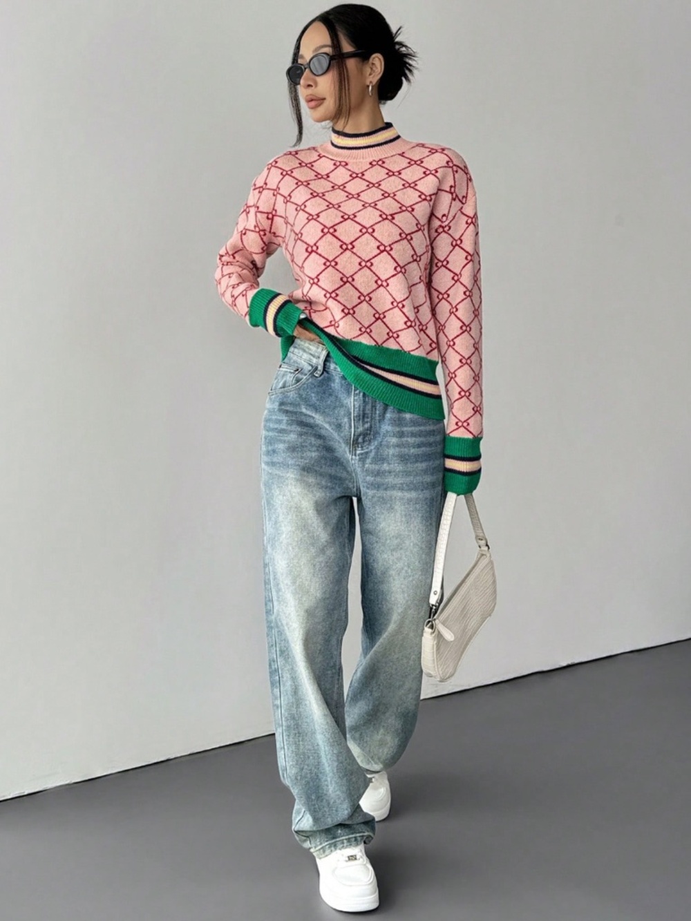 Pink Geometric Pattern Knit Pullover Sweater Stripe Details Long Sleeve - Picture 4 of 7